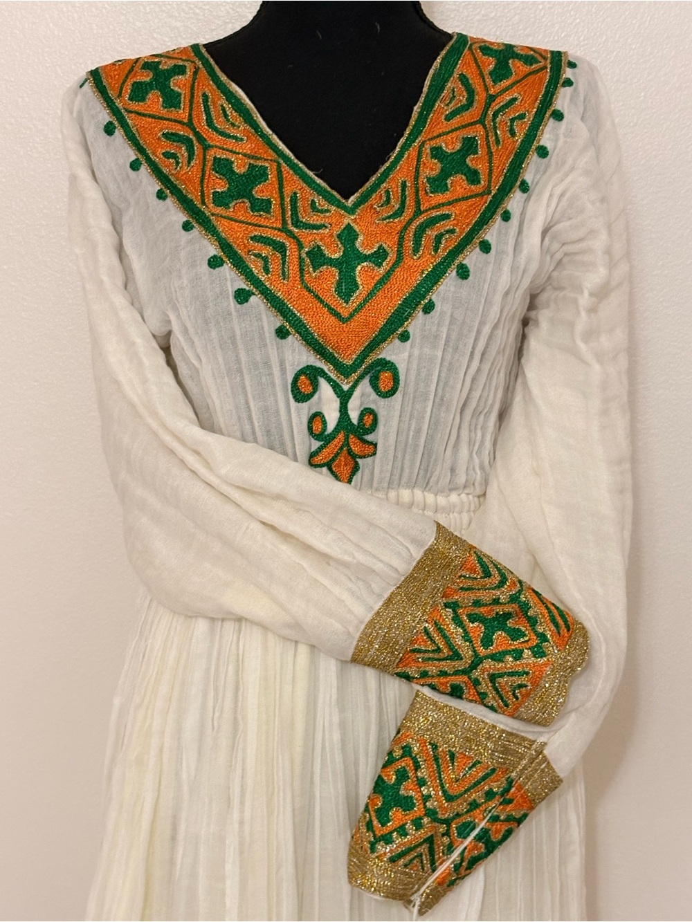 Embroidered V-Neck White Dress with Orange & Green Detailing